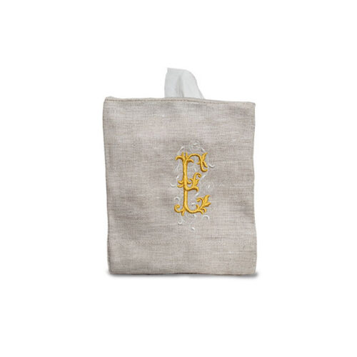 100% linen Tissue Box cover with a golden embroidery. Made for Upright tissue box