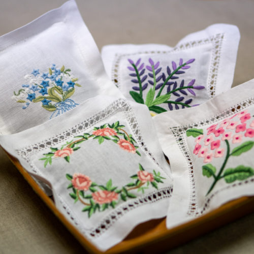 set of 4 drawer lavender linen sachets with embroidery