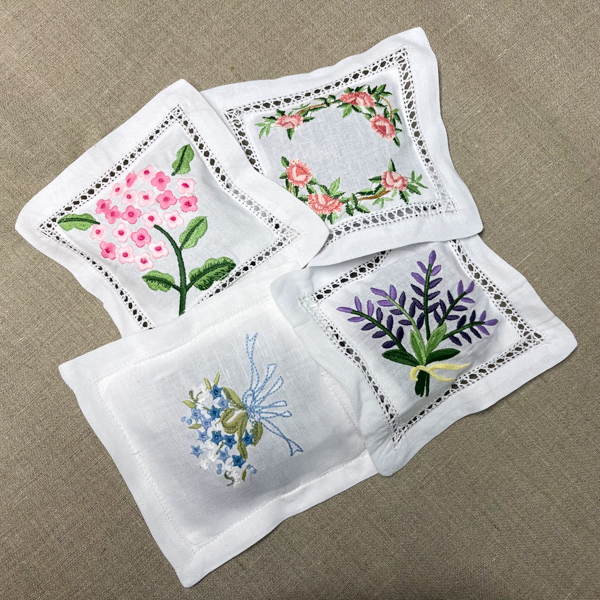 set of 4 drawer lavender linen sachets with embroidery