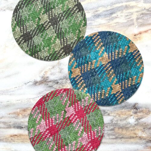 3 vinyl placemats, green, blue and pink