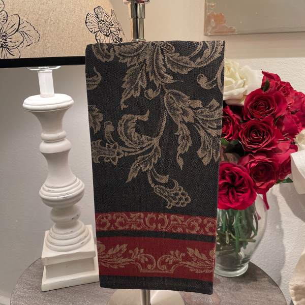 black hand towel or tea towel, belle epoque design