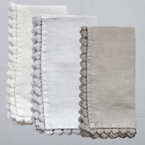 3 linen hand towels with heart-shaped trim