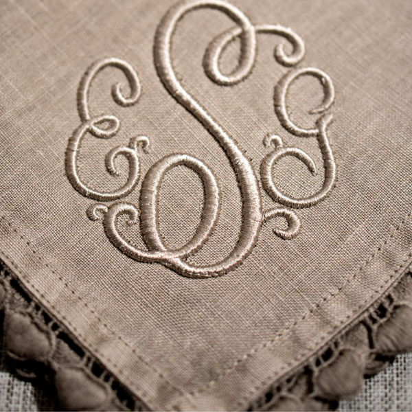 embroidery on natural hand towel with heart-shaped trim