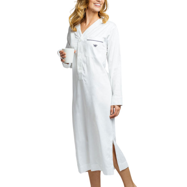 woman wearing a white long sleeves pajamas henley