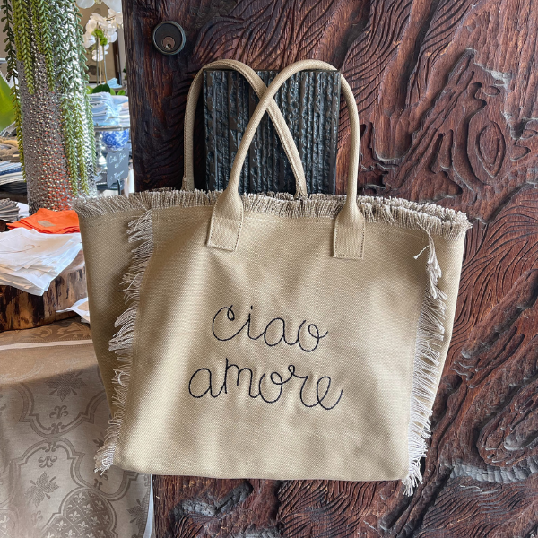 large beige tote bag with message ciao amore