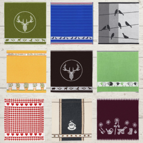 set of 9 different designs of terry dish towels