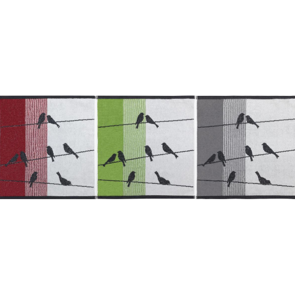 terry dish towel red, green and grey birds