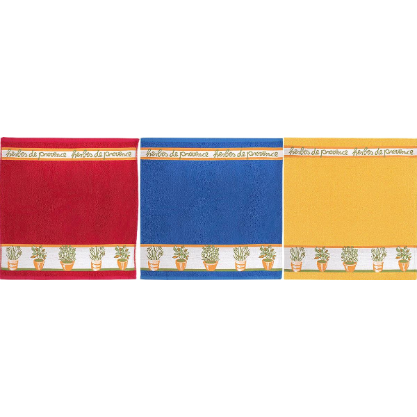 terry dish towel yellow, blue and red plants