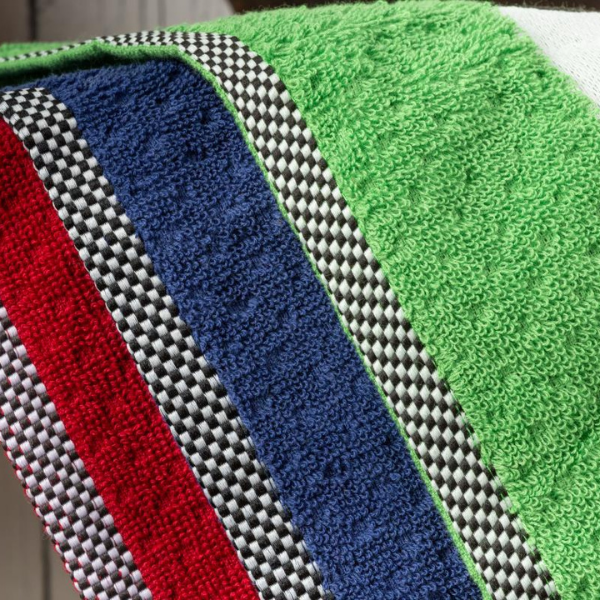 terry dish towel red, navy, green sheep details